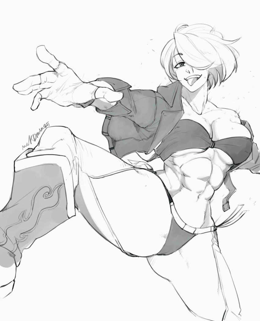 abs angel_(kof) boots bra breasts chaps cowboy_boots cropped_jacket fingerless_gloves gloves hair_over_one_eye highres jacket large_breasts leather leather_jacket makdraw25 muscular muscular_female sketch snk strapless strapless_bra the_king_of_fighters the_king_of_fighters_xiv the_king_of_fighters_xv toned underwear white_hair