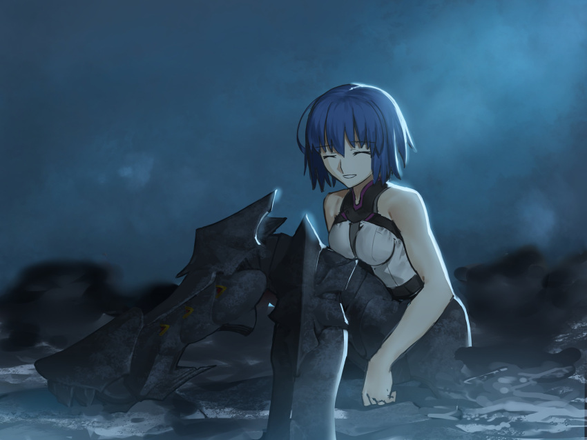 1girl absurdres alternate_costume armored_boots bangs bare_shoulders blue_hair boots breasts ciel_(tsukihime) closed_eyes eyebrows_visible_through_hair grin highres kizzif0012 medium_breasts official_alternate_costume shirt short_hair sitting sleeveless sleeveless_shirt smile solo tsukihime tsukihime_(remake)