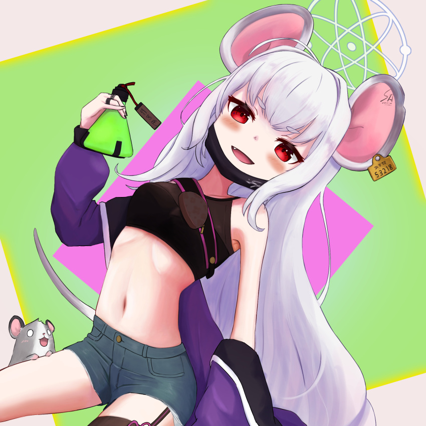 1girl animal_ears bare_arms bare_shoulders blue_archive crop_top halo highres jacket jacket_removed mouse mouse_ears purple_jacket saya_(blue_archive) shiroiurushi smile solo