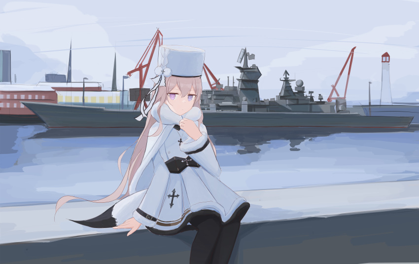 1girl absurdres arm_up azur_lane bangs black_legwear blonde_hair blue_eyes closed_mouth coat coat_dress cross cross_necklace dress eyebrows_visible_through_hair feet_out_of_frame fur-trimmed_coat fur_trim hair_ornament hairclip harbor heterochromia highres jewelry lighthouse long_hair looking_at_viewer military military_vehicle murmansk_(azur_lane) necklace ocean pantyhose papakha scenery shasha_(shasha159357) ship sitting solo tail violet_eyes warship watercraft white_coat white_dress white_headwear
