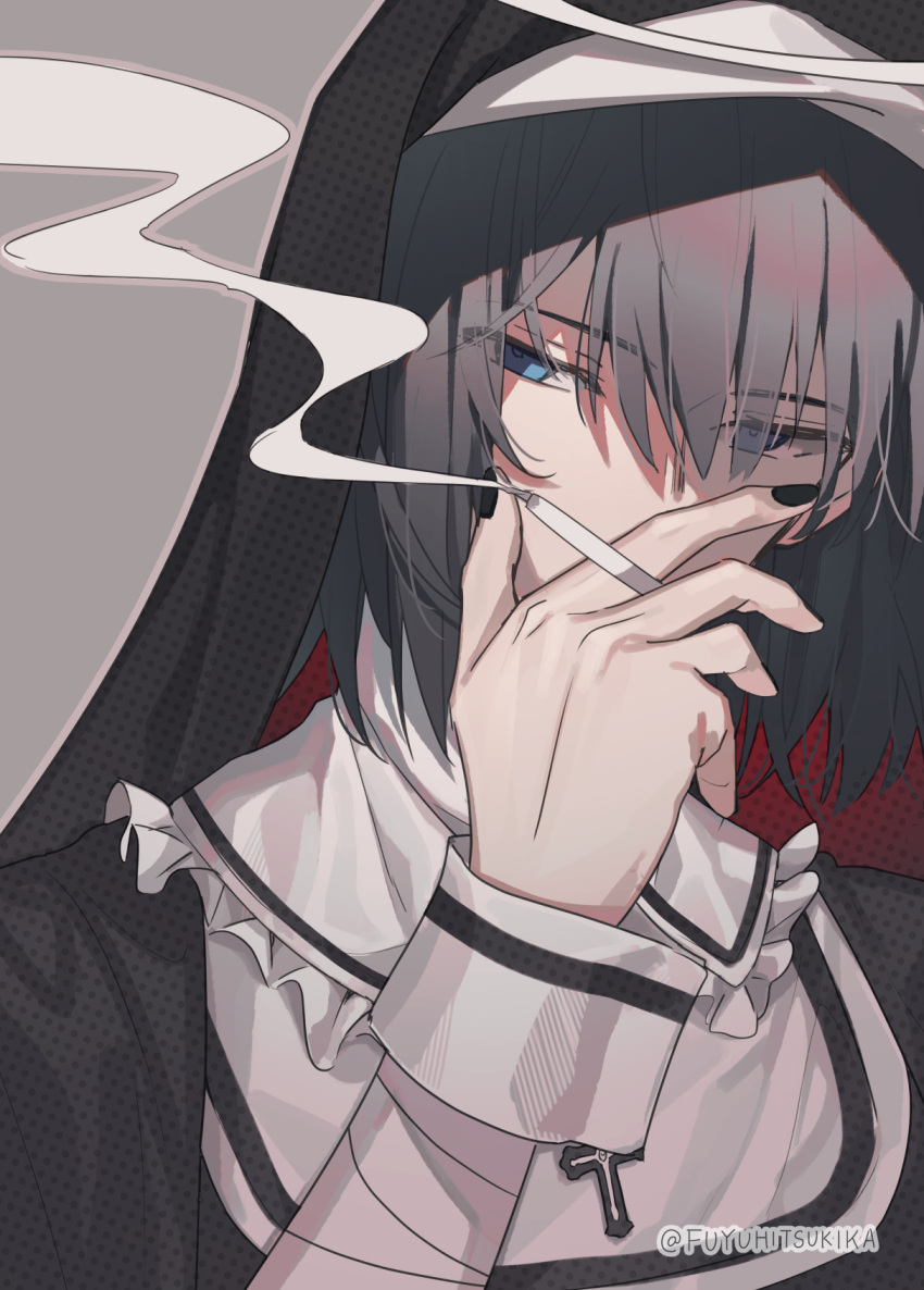 1boy alternate_costume arm_up bandaged_arm bandages bangs black_headwear black_nails black_robe blue_eyes cigarette commentary_request cross cross_necklace empty_eyes eyebrows_visible_through_hair fate/grand_order fate_(series) fuyuhi_tsukika god-ish_(vocaloid) grey_background grey_hair habit highres jewelry looking_at_viewer male_focus nail_polish necklace oberon_(fate) robe short_hair simple_background smoking solo twitter_username vocaloid white_wrist_cuffs wrist_cuffs
