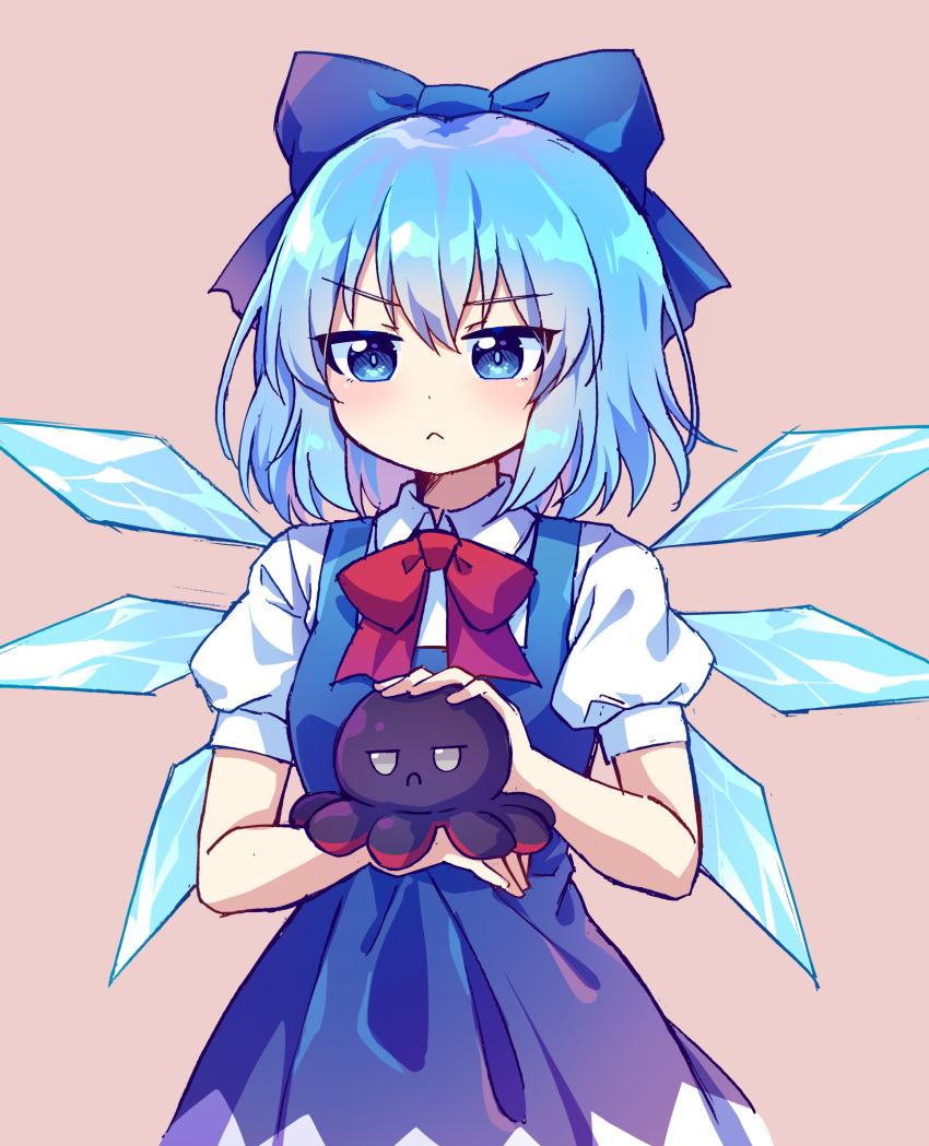 1girl :&lt; bangs blue_bow blue_dress blue_eyes blue_hair bow caramell0501 cirno closed_mouth collared_shirt dress eyebrows_visible_through_hair hair_bow highres holding ice ice_wings long_dress neck_ribbon pinafore_dress puffy_short_sleeves puffy_sleeves red_ribbon ribbon shirt short_hair short_sleeves simple_background squid stuffed_animal stuffed_toy touhou v-shaped_eyebrows white_shirt wings