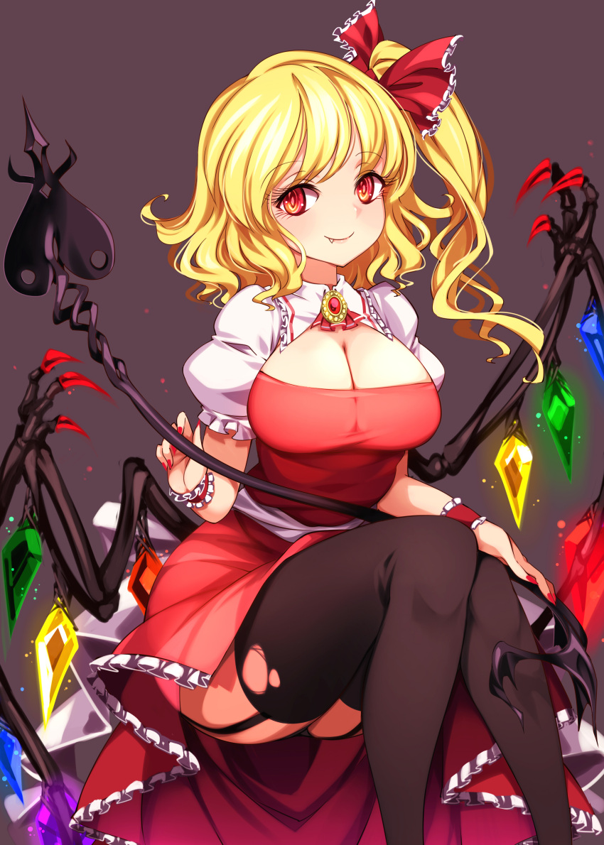 1girl absurdres alternate_breast_size ascot blonde_hair bow breasts crystal fang flandre_scarlet frilled_shirt_collar frilled_sleeves frills hat hat_ribbon highres laevatein_(touhou) large_breasts medium_hair older one_side_up puffy_short_sleeves puffy_sleeves raptor7 red_bow red_eyes red_ribbon red_skirt red_vest ribbon shirt short_hair short_sleeves skirt solo touhou vest white_shirt wings yellow_ascot