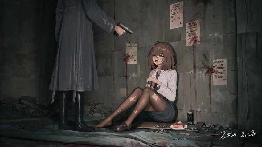 1girl 1other :d ahoge aiming bangs black_footwear black_necktie black_skirt blood blood_from_mouth blood_on_clothes blush boots brown_eyes brown_hair brown_legwear cake cake_slice can coat collared_shirt commentary dated energy_drink english_commentary eyebrows_visible_through_hair food grey_coat gun hair_between_eyes handgun highres holding holding_gun holding_weapon loafers monster_energy necktie original pantyhose pencil_skirt pistol plate rubik's_cube shirt shoes single_shoe skirt smile standing teeth torn_clothes torn_legwear upper_teeth weapon white_shirt yurichtofen
