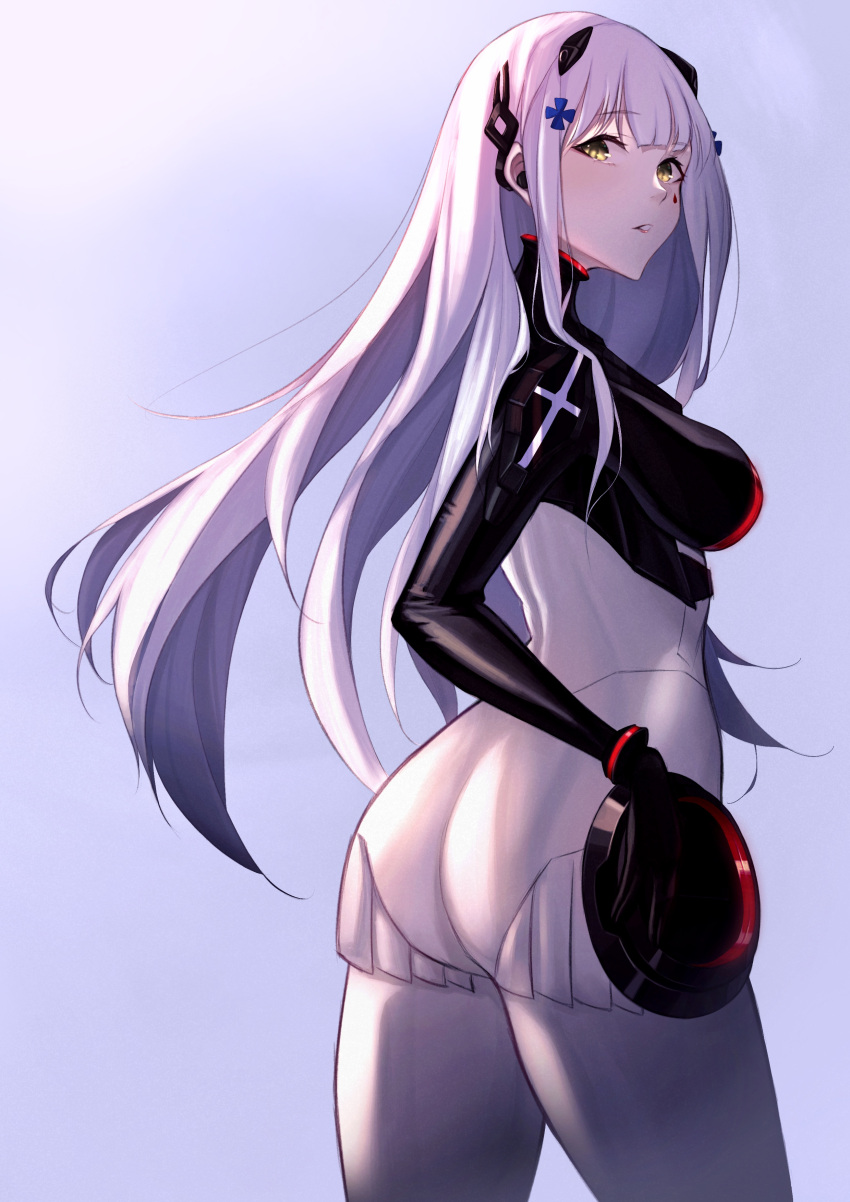 1girl absurdres ass assault_rifle bangs blunt_bangs bodysuit breasts commentary_request cowboy_shot girls_frontline gun h&amp;k_hk416 highres hk416_(girls'_frontline) hk416_(midnight_evangelion)_(girls'_frontline) long_hair looking_at_viewer looking_back medium_breasts official_alternate_costume plugsuit rifle sidelocks silver_hair skin_tight solo swallow_zzy teardrop_facial_mark teardrop_tattoo very_long_hair weapon yellow_eyes