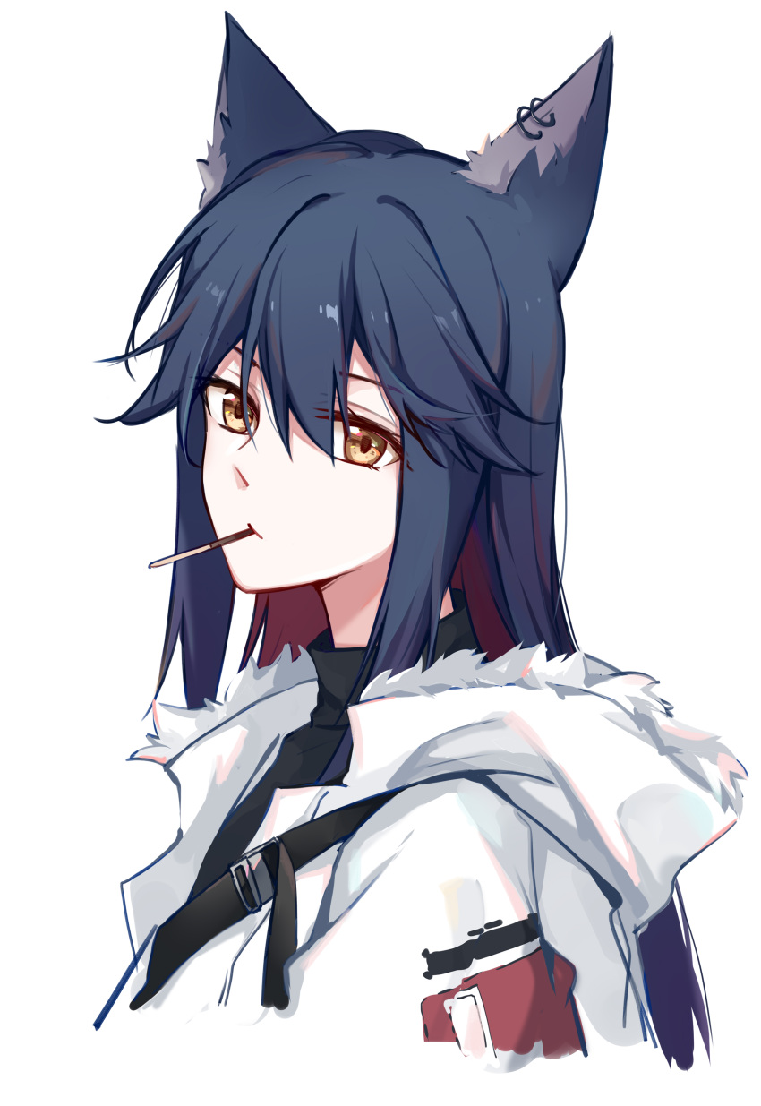 1girl absurdres animal_ears arknights black_hair black_shirt chinese_commentary closed_mouth colored_inner_hair ear_piercing expressionless eyebrows_visible_through_hair food fur-trimmed_hood fur_trim gemi_25 hair_between_eyes highres hood hooded_jacket jacket long_hair looking_at_viewer mouth_hold multicolored_hair orange_eyes piercing pocky pocky_in_mouth redhead shirt simple_background solo straight_hair strap texas_(arknights) turtleneck two-tone_hair upper_body white_background white_jacket wolf_ears