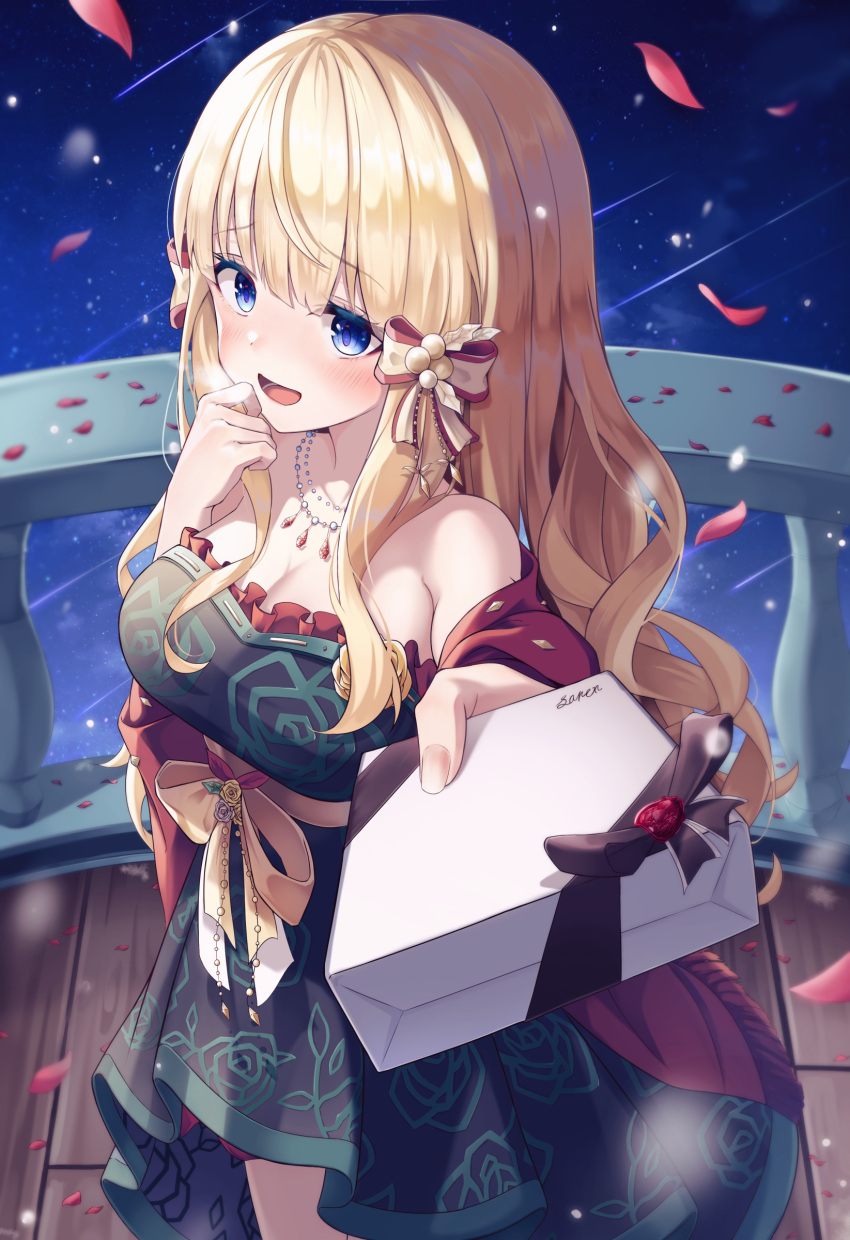 1girl :d absurdres bare_shoulders black_dress blonde_hair blue_eyes blush box dress gift gift_box green_dress highres holding holding_gift jewelry long_hair looking_at_viewer necklace petals princess_connect! red_shawl saren_(princess_connect!) sira_(user_dswn7488) smile solo strapless strapless_dress
