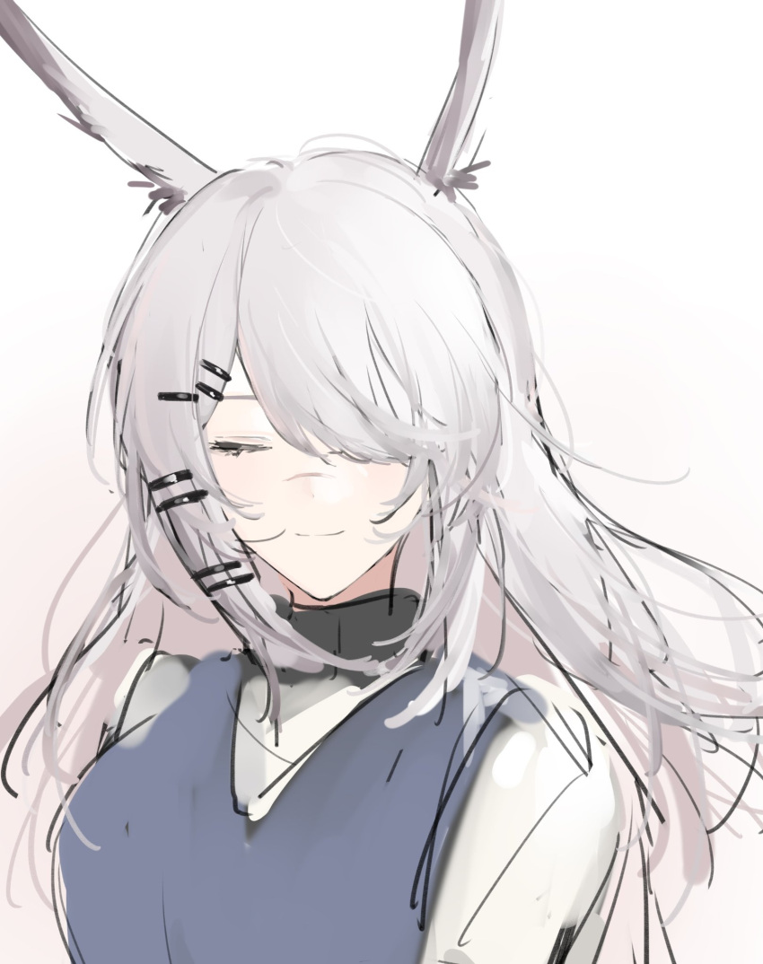 1girl animal_ears arknights blue_vest closed_eyes facing_viewer frostnova_(arknights) hair_ornament hair_over_one_eye hairclip highres joshua_(shisanli934) long_hair rabbit_ears scar scar_on_face scar_on_nose simple_background sketch smile solo sweater turtleneck turtleneck_sweater upper_body vest white_background white_hair