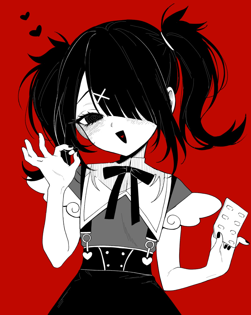 1girl @_@ absurdres ame-chan_(needy_girl_overdose) black_hair black_ribbon drugs hair_ornament hair_over_one_eye heart heart_in_mouth highres holding_pill ishita_umi limited_palette looking_at_viewer medium_hair neck_ribbon needy_girl_overdose open_mouth pill red_background ribbon simple_background skirt smile solo suspender_skirt suspenders twintails upper_body x_hair_ornament