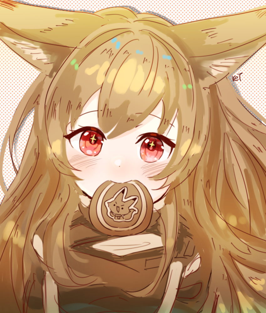 +_+ 1girl arknights artist_name blush brown_hair brown_jacket ceobe_(arknights) cookie dotted_background eyebrows_visible_through_hair food food_in_mouth hair_between_eyes highres jacket long_hair looking_at_viewer mouth_hold red_eyes ret_(tiiuu) shadow solo straight-on upper_body white_background