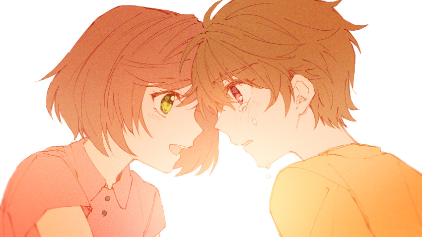 1boy 1girl brown_eyes brown_hair crying crying_with_eyes_open green_eyes highres kiss kissing_forehead koeda_(k83_4) looking_at_another luke_pearce_(tears_of_themis) open_mouth pink_shirt rosa_(tears_of_themis) shirt short_hair short_sleeves simple_background tears tears_of_themis white_background yellow_shirt younger