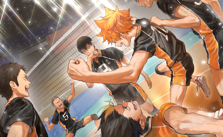 &gt;:) 6+boys 830_(hamio) bangs black_hair character_request commentary dyed_bangs haikyuu!! hair_between_eyes hinata_shouyou kageyama_tobio lens_flare light_particles multiple_boys open_mouth orange_hair signature sportswear sweat teeth v-shaped_eyebrows victory volleyball volleyball_net volleyball_uniform