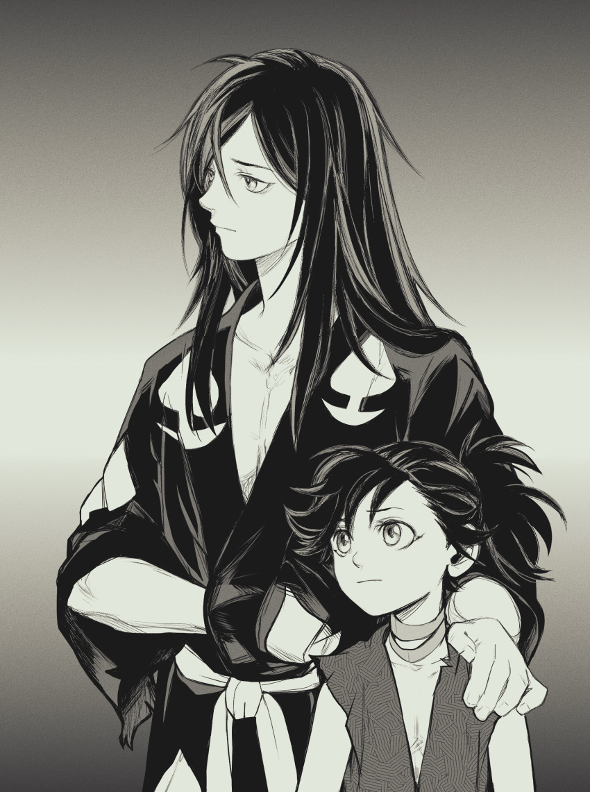 1boy 1girl :| absurdres bangs black_hair child closed_mouth collarbone commentary dororo_(character) dororo_(tezuka) expressionless flat_chest florbetriz gradient gradient_background greyscale hair_between_eyes hand_on_another's_shoulder highres hyakkimaru_(dororo) long_hair looking_to_the_side monochrome parted_bangs pectorals short_hair standing upper_body
