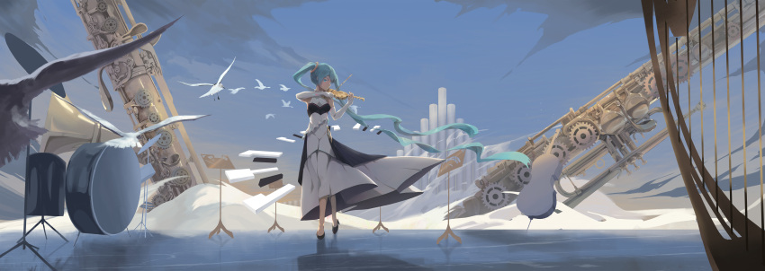 1girl absurdres adapted_costume alternate_costume aqua_eyes aqua_hair bassoon breasts clouds covered_navel double_bass dress drum drum_set elbow_gloves gloves hatsune_miku high_heels highres instrument layered_dress long_dress medium_breasts music organ_(instrument) outdoors piano_keys playing_instrument rotarran scenery sleeveless sleeveless_dress solo stage standing surreal twintails very_long_hair violing vocaloid white_gloves