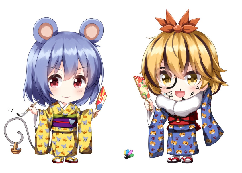 2girls alternate_costume animal animal_ears animal_print arm_up back_bow bangs belt blonde_hair blue_dress blue_kimono blush bow brown_hair brush bug cheese cheese_print chibi closed_mouth colored_skin commentary_request dress eyebrows_visible_through_hair food full_body grey_hair grey_skin hair_between_eyes hair_ornament hands_up japanese_clothes kimono long_sleeves looking_at_viewer looking_to_the_side mouse mouse_ears mouse_print mouse_tail multicolored_hair multiple_girls nazrin red_belt red_bow red_eyes red_footwear ruu_(tksymkw) short_hair simple_background slippers smile socks standing tail toramaru_shou touhou two-tone_hair white_background white_legwear wide_sleeves yellow_dress yellow_eyes yellow_kimono