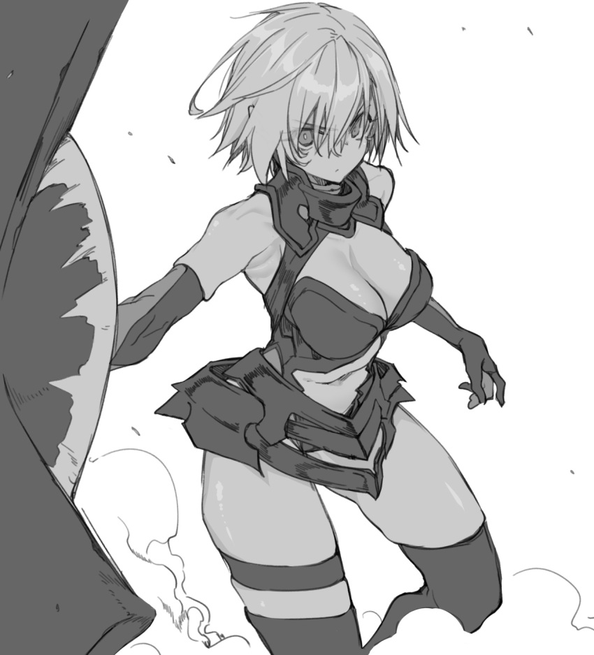 10mo 1girl armor armored_dress bangs bare_shoulders breasts dress elbow_gloves fate/grand_order fate_(series) gloves greyscale hair_over_one_eye highres large_breasts looking_at_viewer mash_kyrielight monochrome shield short_dress short_hair thigh-highs thigh_strap thighs
