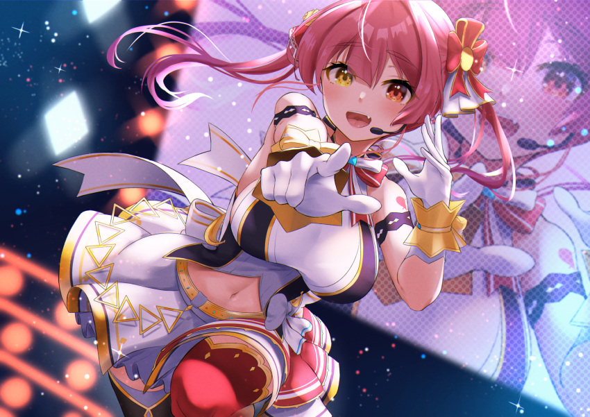 1girl blurry blush bokeh breasts depth_of_field dutch_angle fang gloves headset heterochromia highres hololive hololive_idol_uniform houshou_marine idol large_breasts long_hair looking_at_viewer navel ootsuka_you pink_hair pointing pointing_at_viewer red_eyes smile solo thighhighs_pull thighs twintails virtual_youtuber white_gloves yellow_eyes zoom_layer