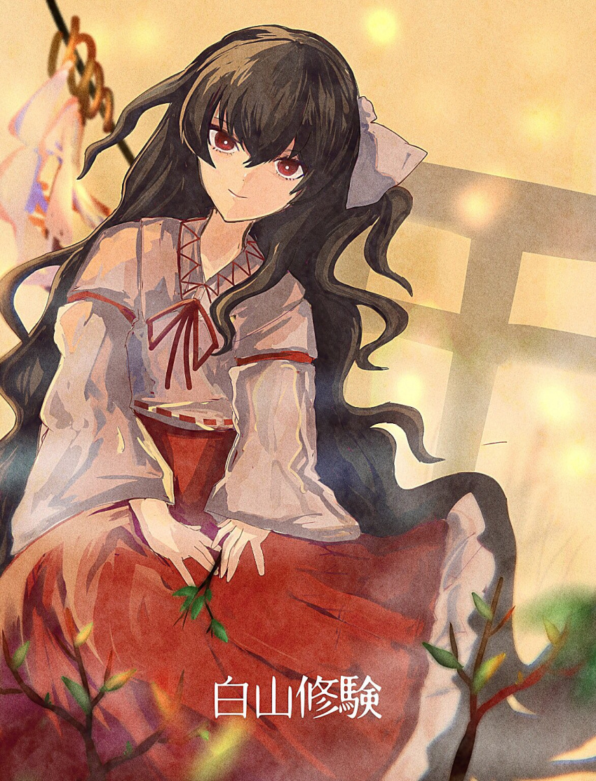 1girl black_hair closed_mouth frilled_skirt frills girl_who_trained_on_mt._haku_(touhou) gohei hair_ribbon hakama hakama_skirt happy highres japanese_clothes long_hair long_sleeves miko portrait_of_exotic_girls red_eyes red_hakama red_ribbon red_skirt ribbon shirt skirt smile touhou traditional_media translation_request very_long_hair wamaru white_shirt wide_sleeves