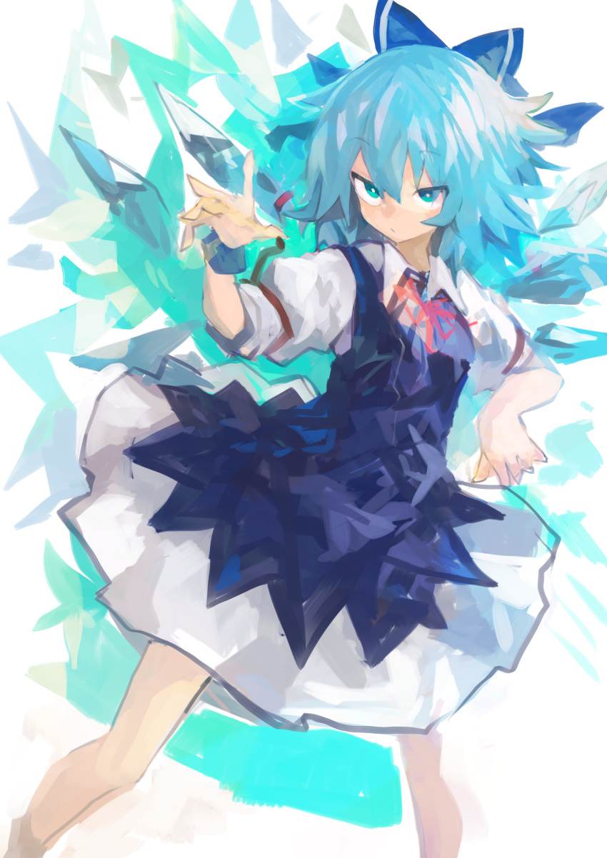 1girl absurdres blue_bow blue_dress blue_eyes blue_hair bow cirno closed_mouth detached_wings dress eyebrows_visible_through_hair fairy feet_out_of_frame hair_between_eyes hair_bow highres ice ice_wings kaamin_(mariarose753) puffy_short_sleeves puffy_sleeves short_hair short_sleeves solo touhou white_dress wings