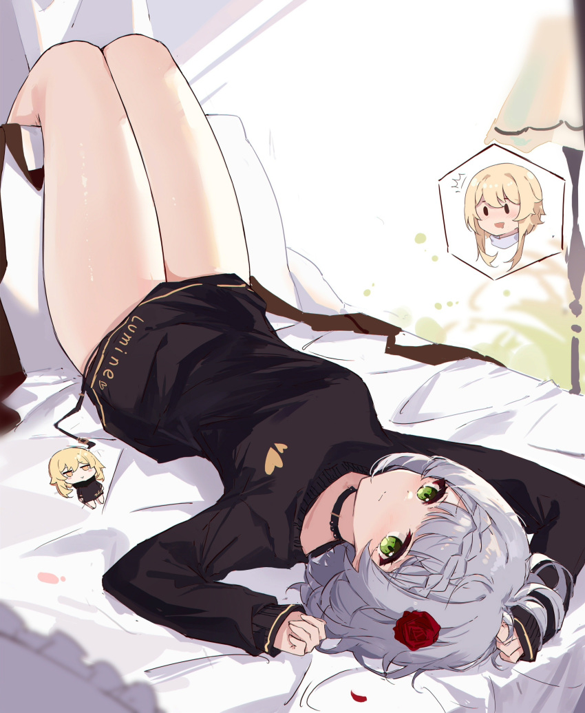 2girls absurdres bangs black_choker blonde_hair brown_sweater character_name choker closed_mouth clothes_writing eyebrows_visible_through_hair flower genshin_impact gloves hair_flower hair_ornament highres legs_up long_sleeves looking_at_viewer lumine_(genshin_impact) lying medium_hair multiple_girls noelle_(genshin_impact) on_back on_bed red_flower red_rose rose silver_hair sleeves_past_wrists solid_oval_eyes sweater yajuu