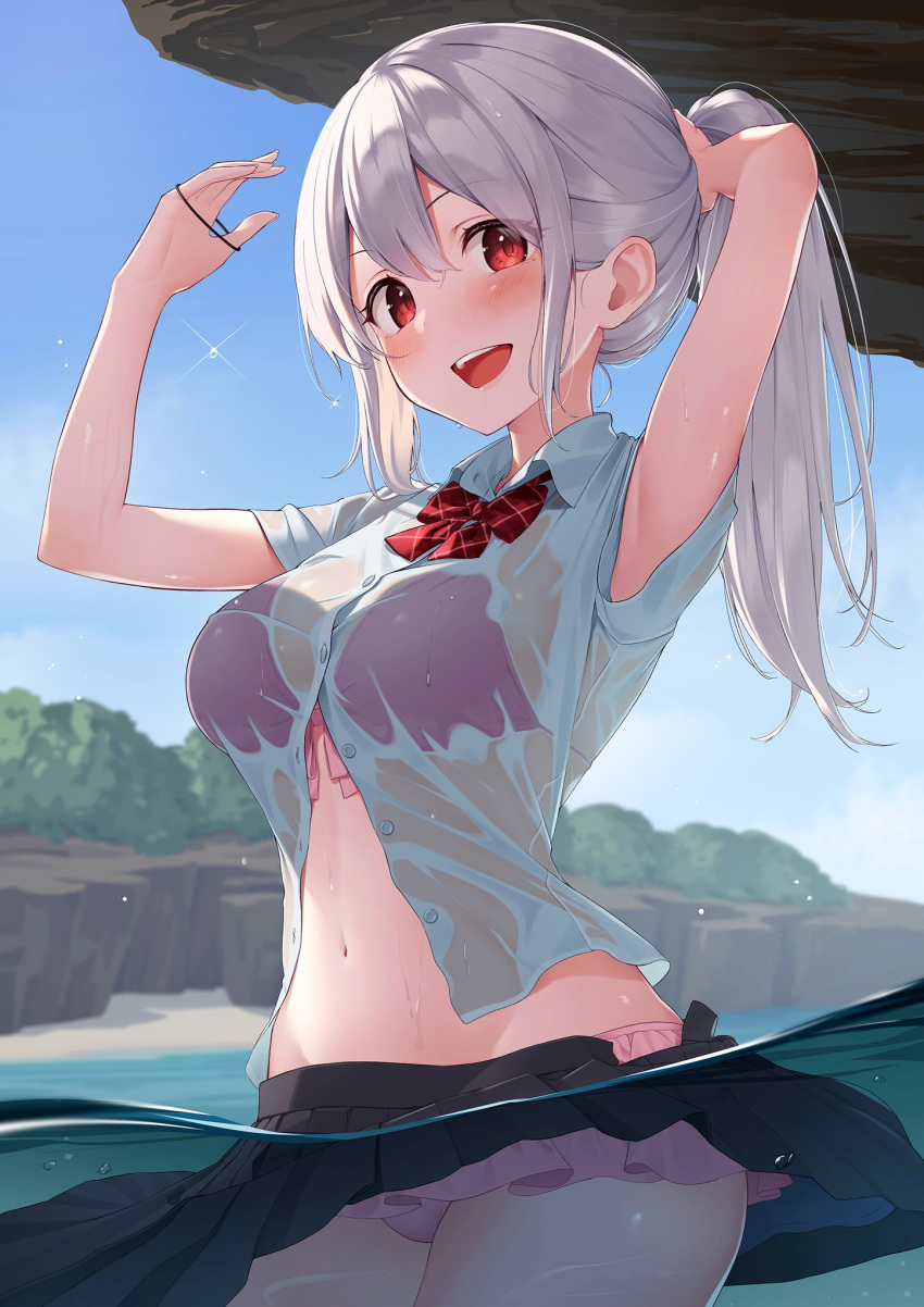 1girl arms_up bangs bikini black_skirt blue_shirt blue_sky blush bow bow_bra bowtie bra breasts bush buttons clouds cloudy_sky collared_shirt commentary_request eyebrows_visible_through_hair eyes_visible_through_hair fingernails grey_hair hair_between_eyes hands_up highres kanpa_(campagne_9) light long_fingernails long_hair looking_at_viewer medium_breasts navel no_hat no_headwear open_mouth original panties pink_bikini pink_bow pink_panties ponytail purple_bra red_bow red_bowtie red_eyes sand scales shadow shirt short_sleeves skirt sky smile solo standing swimsuit teeth tongue underwear water