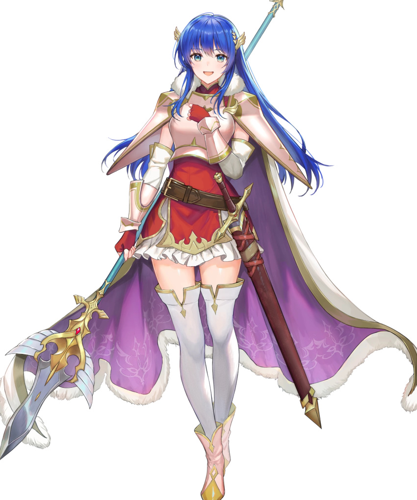 1girl ankle_boots armor bangs belt blue_eyes blue_hair boots breastplate caeda_(fire_emblem) cape dress elbow_gloves fingerless_gloves fire_emblem fire_emblem:_mystery_of_the_emblem fire_emblem_heroes full_body fur_trim gloves gold_trim hair_ornament hand_on_own_chest hand_up haru_(hiyori-kohal) highres holding long_hair looking_at_viewer non-web_source official_art open_mouth pink_footwear polearm shiny shiny_hair short_dress shoulder_armor skirt smile solo spear standing sword thigh-highs transparent_background weapon white_legwear zettai_ryouiki