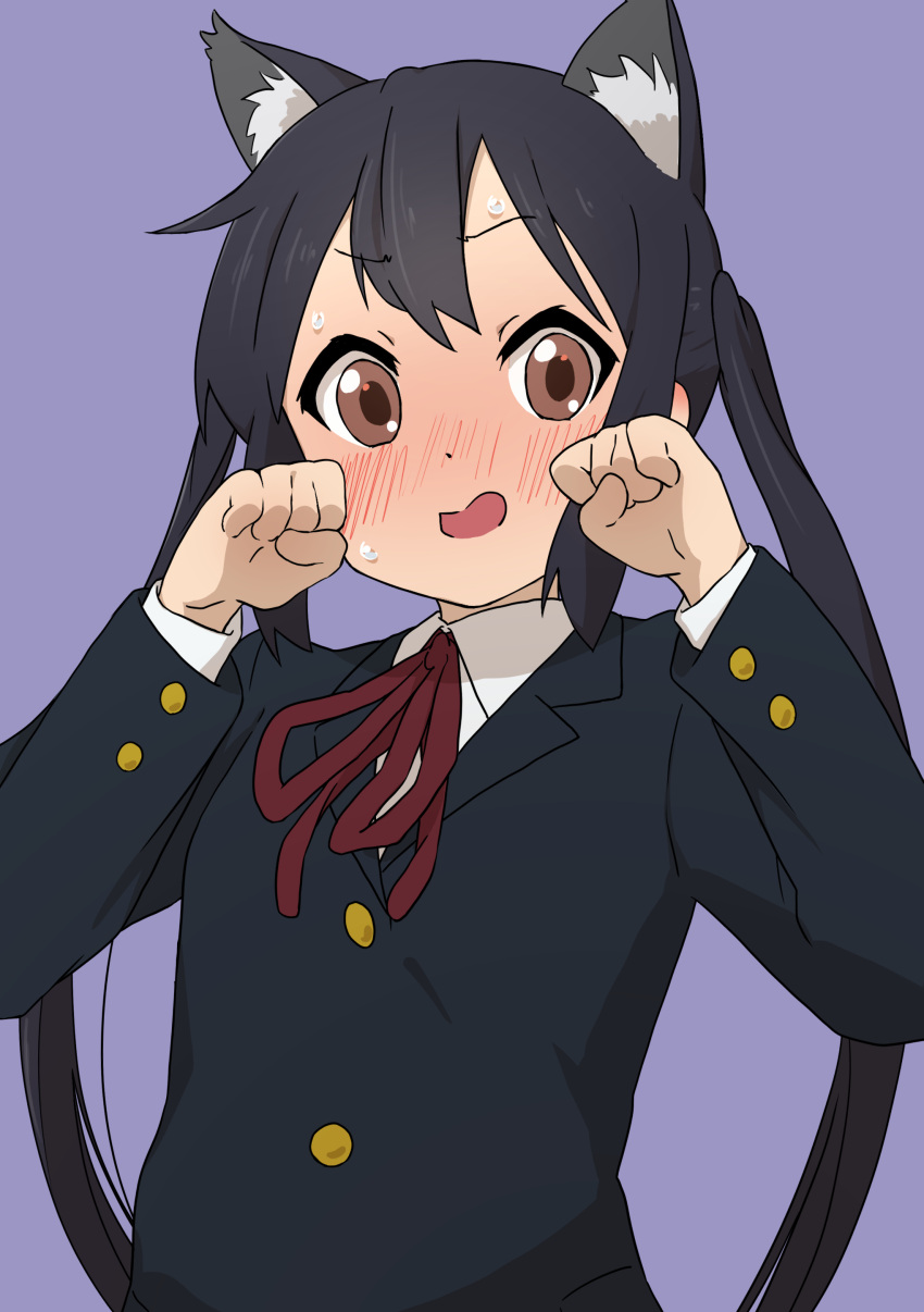 1girl absurdres animal_ears black_hair black_jacket blush cat_ears clenched_hand collared_shirt commentary_request hands_up highres jacket k-on! kicchi_(tmgk) long_hair long_sleeves nakano_azusa neck_ribbon open_mouth partial_commentary purple_background red_ribbon ribbon school_uniform shirt simple_background solo sweat twintails upper_body white_shirt