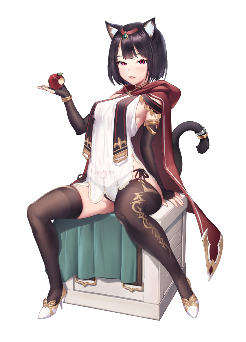 1girl absurdres animal_ear_fluff animal_ears apple bangs black_hair black_legwear black_sleeves blunt_bangs breasts bridal_gauntlets cape cat_ears cat_girl cat_tail detached_sleeves food fruit full_body game_cg high_heels highres holding holding_food holding_fruit hood hood_down hooded long_sleeves looking_at_viewer medium_breasts parted_lips print_legwear pumps red_apple red_cape red_eyes see-through shiny shiny_hair shirt short_hair sideboob sitting sleeveless sleeveless_shirt solo tachi-e tail tail_ornament tail_ring thigh-highs transparent_background white_footwear white_shirt wish_(momentum_games)