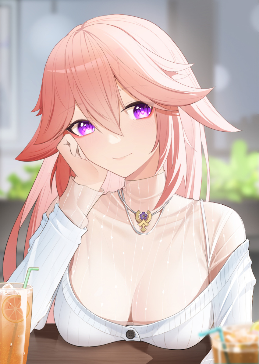 1girl blush breast_rest breasts breasts_on_table cardigan casual cup dating drinking_glass drinking_straw genshin_impact hair_between_eyes hand_on_own_face highres jewelry large_breasts long_hair long_sleeves looking_at_viewer necklace off_shoulder orange_juice pink_hair pink_sweater smile solo sweater sye- turtleneck turtleneck_sweater upper_body violet_eyes white_cardigan yae_miko