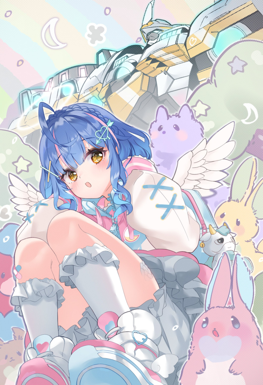 1girl :o absurdres amamiya_kokoro backpack bag blue_hair blush brown_eyes cat divine_arsenal_aa-zeus_-_sky_thunder duel_monster eyebrows_visible_through_hair glowing glowing_eye grey_skirt hair_ornament heart heart_hair_ornament highres horns jacket looking_to_the_side mecha melffy_fenny melffy_puppy melffy_rabby multicolored_clothes multicolored_jacket nijisanji open_mouth pink_footwear rabbit shiromoca short_hair sitting skirt solo_focus super_robot virtual_youtuber wings yu-gi-oh!