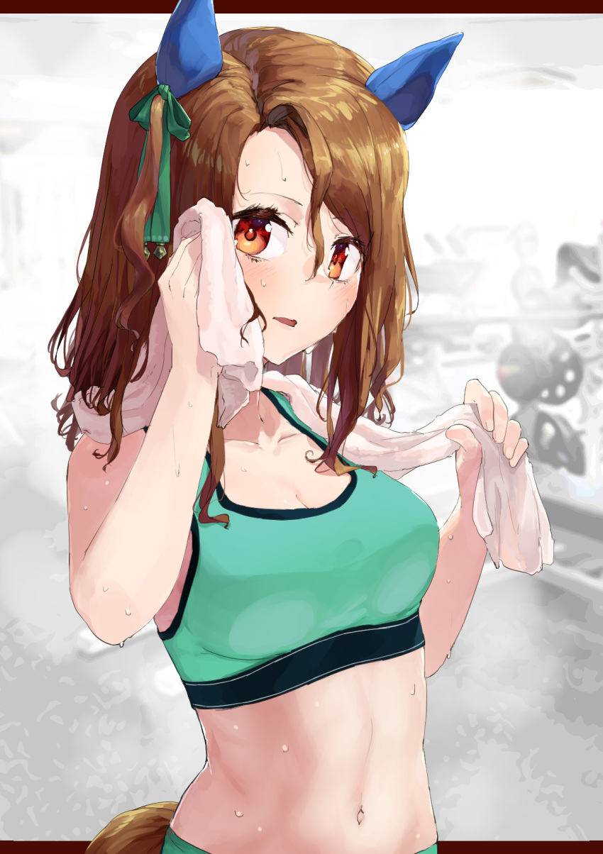 1girl black_and_white brown_hair gym horse_ears horse_girl horse_tail king_halo_(umamusume) looking_at_viewer navel red_eyes short_hair simple_background solo sports_bra stomach sweat towel umamusume wiping_face wiping_sweat