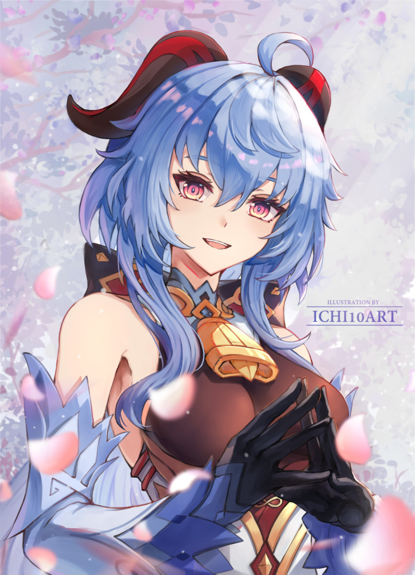 1girl ahoge bangs bare_shoulders bell black_gloves blue_hair blush bow breasts detached_sleeves ganyu_(genshin_impact) genshin_impact gloves gold_trim highres horns ichi10art long_hair looking_at_viewer medium_breasts neck_bell own_hands_clasped own_hands_together parted_lips petals sidelocks smile solo upper_body violet_eyes white_sleeves