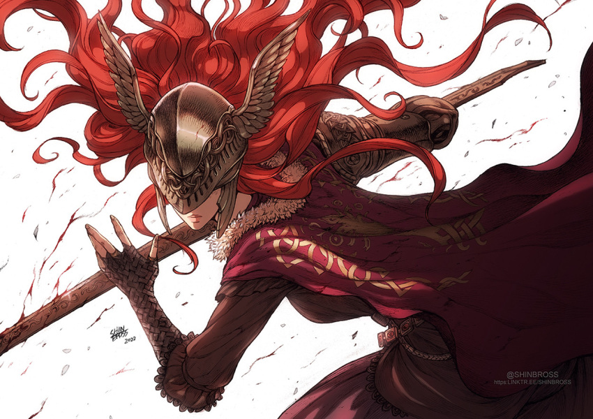 armor artist_name blood cape dated elden_ring english_commentary facing_viewer helmet holding holding_weapon long_hair malenia redhead shinbross simple_background weapon web_address white_background winged_helmet