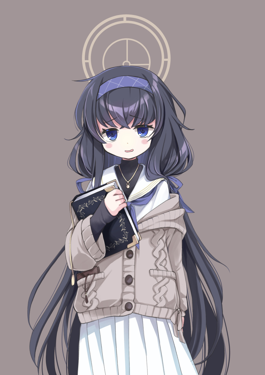 1girl absurdres bangs black_hair black_undershirt blue_archive blue_eyes blue_hairband blush_stickers book chibitan crossed_bangs eyebrows_visible_through_hair grey_background hairband highres jewelry long_hair looking_at_viewer low_twintails pendant pleated_skirt skirt solo twintails ui_(blue_archive) white_serafuku