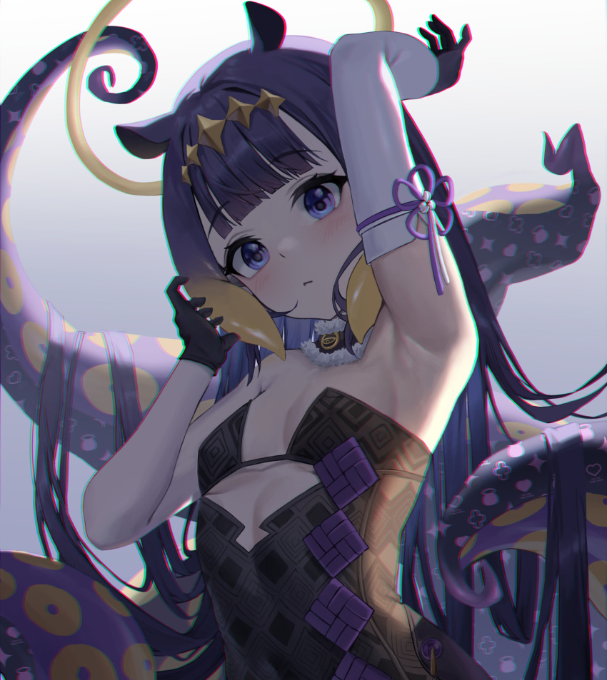 1girl animal_ears arm_up armpits bangs black_dress black_gloves blonde_hair blunt_bangs blush breasts closed_mouth commentary_request detached_sleeves dress eyebrows_visible_through_hair gloves highres hololive hololive_english long_hair long_sleeves looking_at_viewer mansu_(user_pnmp4287) multicolored_hair ninomae_ina'nis purple_hair sidelocks simple_background single_detached_sleeve small_breasts solo streaked_hair tentacles upper_body violet_eyes virtual_youtuber