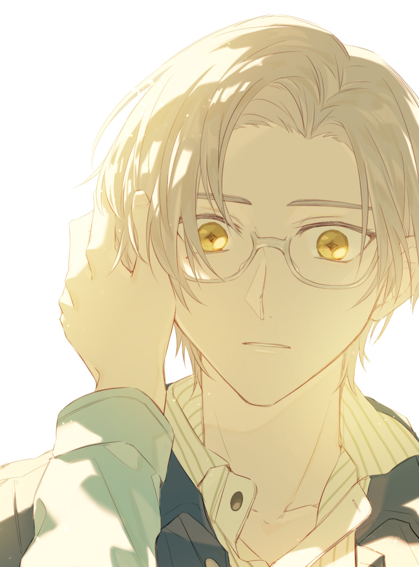 1boy black_jacket glasses hand_on_another's_cheek hand_on_another's_face highres jacket koeda_(k83_4) long_sleeves looking_at_viewer open_mouth polo_shirt rosa_(tears_of_themis) short_hair simple_background solo tears_of_themis vyn_richter_(tears_of_themis) white_background white_hair yellow_eyes
