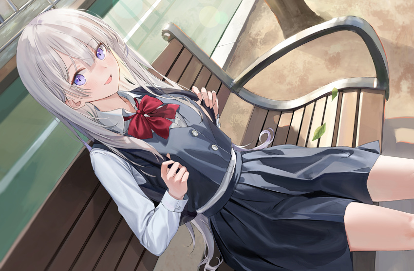 1girl :d bangs bench blue_skirt blue_vest blush bow bowtie collared_shirt dutch_angle emyo highres long_hair looking_at_viewer open_mouth original outdoors pleated_skirt red_bow red_bowtie school_uniform shirt sitting skirt smile solo vest violet_eyes white_hair white_shirt