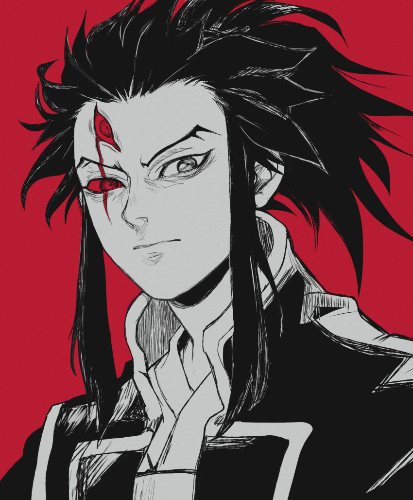 1boy absurdres closed_mouth commentary dororo_(tezuka) face florbetriz highres looking_at_viewer male_focus portrait red_background scar scar_across_eye serious sidelocks simple_background solo spiky_hair spot_color tahoumaru third_eye tsurime v-shaped_eyebrows