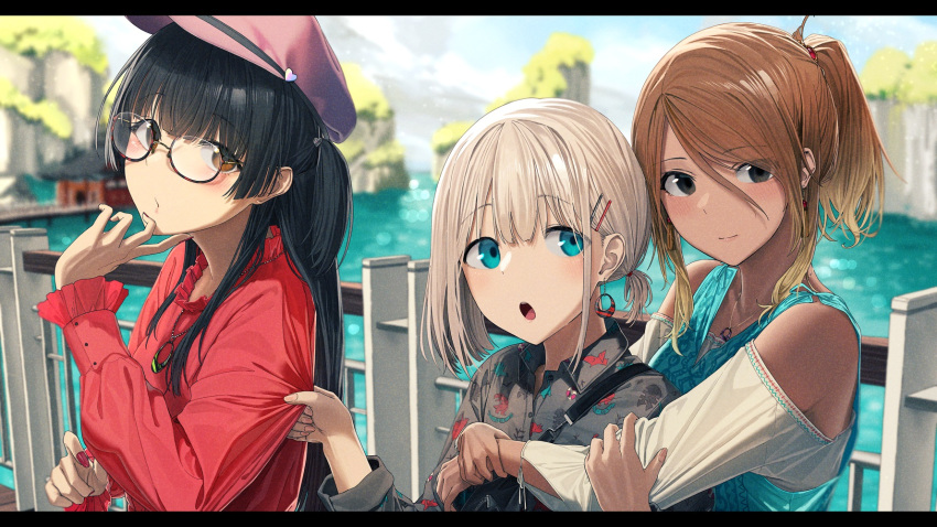3girls :o bangs black_hair blue_eyes blue_shirt brown_eyes brown_hair closed_mouth clothes_grab collared_shirt day earrings english_commentary eyebrows_visible_through_hair glasses grey_shirt hair_ornament hairclip hat highres holding_another's_arm holding_own_wrist idolmaster idolmaster_shiny_colors izumi_mei jewelry long_hair long_sleeves mayuzumi_fuyuko multiple_girls necklace noeru open_mouth outdoors ponytail red_shirt serizawa_asahi shirt short_hair sideways_glance tassel tassel_earrings upper_body white_hair