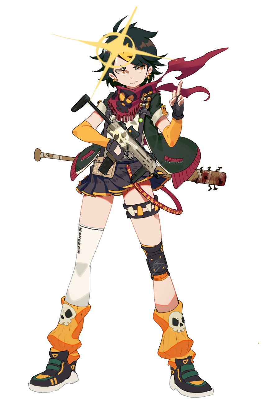 1girl 3: absurdres ahoge baseball_bat bat black_hair chinese_commentary commentary_request earrings fingerless_gloves full_body girls_frontline gloves gun highres holding holding_gun holding_weapon jewelry klin_(girls'_frontline) knee_pads leg_warmers letter_hair_ornament middle_finger nail nail_bat orange_eyes pouch prototype scarf shoes short_hair short_sleeves simple_background single_knee_pad single_thighhigh skirt skull skull_print sneakers solo standing tactical_clothes thigh-highs thigh_strap waterkuma weapon white_background white_legwear