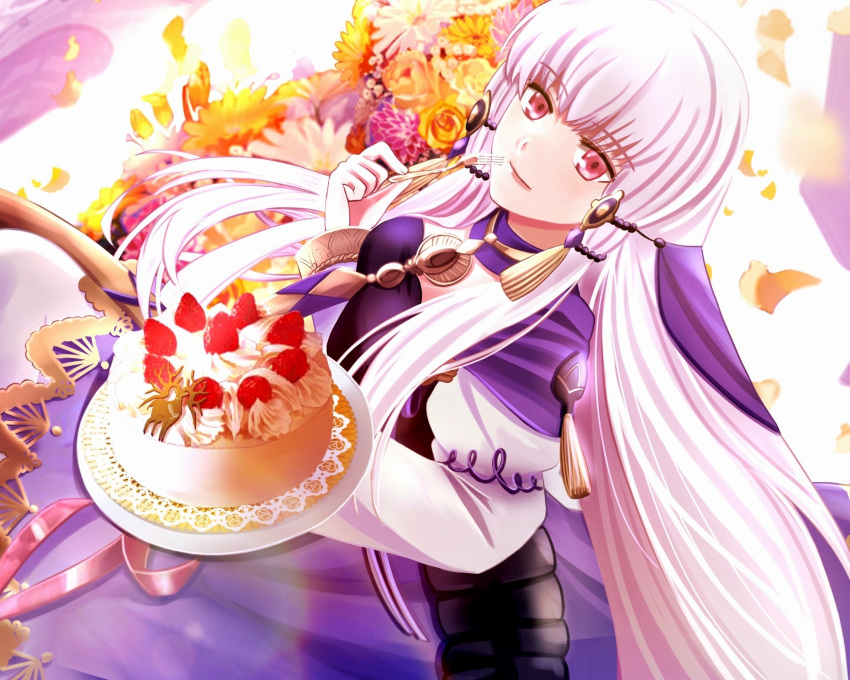 1girl bouquet cake capri_(blaue0514) closed_mouth commentary_request fire_emblem fire_emblem:_three_houses flower food fork hair_ornament highres holding holding_fork long_hair long_sleeves looking_at_viewer lysithea_von_ordelia petals red_eyes smile solo upper_body white_hair
