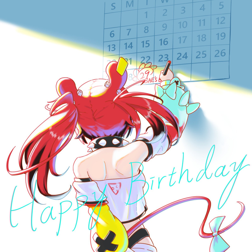 1girl animal_ears asymmetrical_sleeves calendar_(object) collar detached_sleeves dice_hair_ornament february hair_ornament hakos_baelz happy_birthday highres hololive hololive_english mouse_ears mouse_tail redhead spiked_collar spikes tail twintails virtual_youtuber xi_pu
