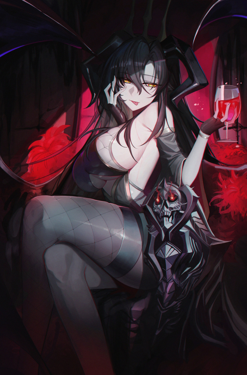 1girl :p absurdres bangs black_hair breasts character_request copyright_request crossed_legs cup demon_girl demon_horns demon_wings feet_out_of_frame fingerless_gloves fishnet_legwear fishnets flaming_eye glass gloves hair_between_eyes hand_on_own_cheek hand_on_own_face highres holding holding_cup horns large_breasts long_hair orn sideboob sitting skull solo thigh-highs tongue tongue_out under_boob wings yellow_eyes