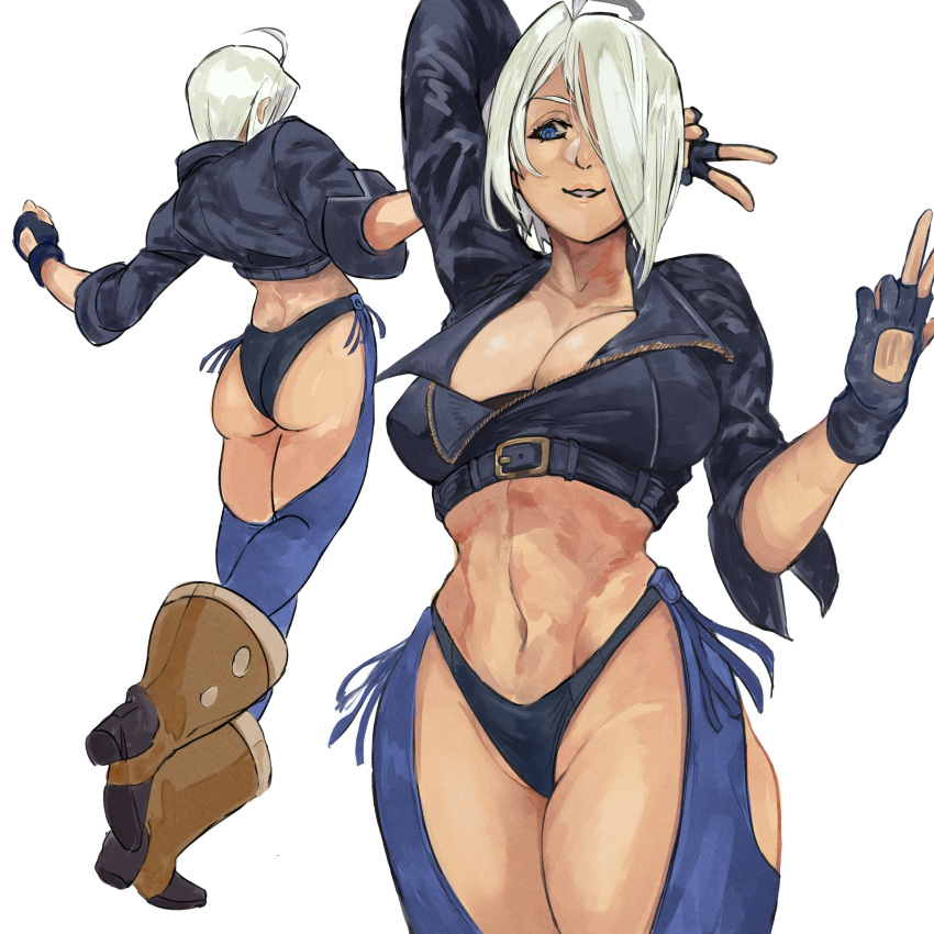 2girls absurdres angel_(kof) blue_eyes boots bra breasts chaps cowboy_boots cropped_jacket fidus_00111111 fingerless_gloves gloves hair_over_one_eye highres jacket large_breasts leather leather_jacket multiple_girls snk strapless strapless_bra the_king_of_fighters the_king_of_fighters_2001 the_king_of_fighters_xiv the_king_of_fighters_xv toned underwear white_background white_hair