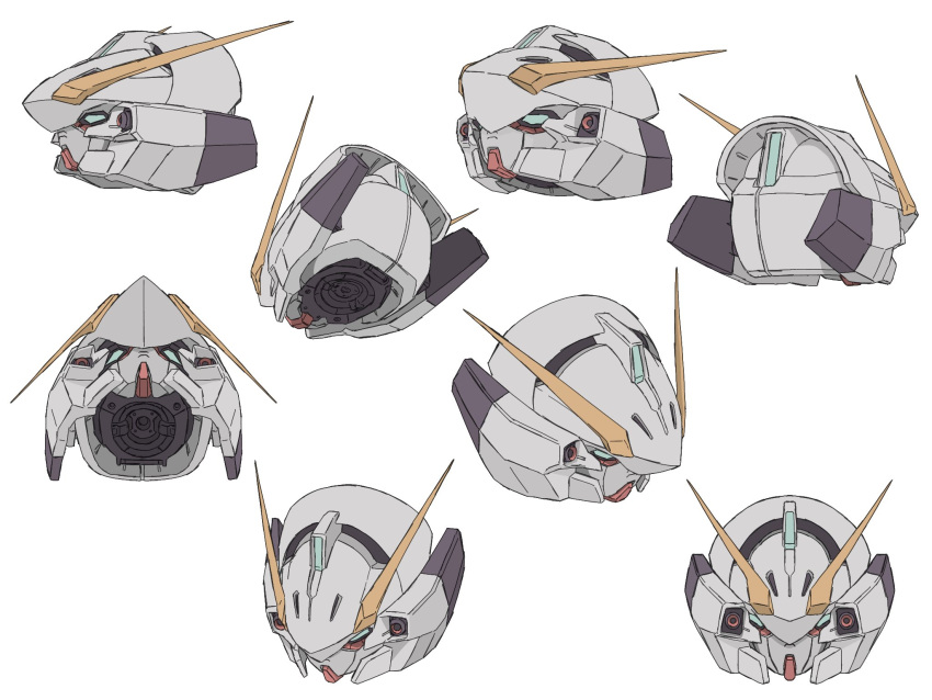 advance_of_zeta blue_eyes from_behind from_below from_side gundam head_only highres looking_ahead mecha mecha_kaku_man mobile_suit multiple_views no_humans science_fiction tr-6_woundwort v-fin white_background