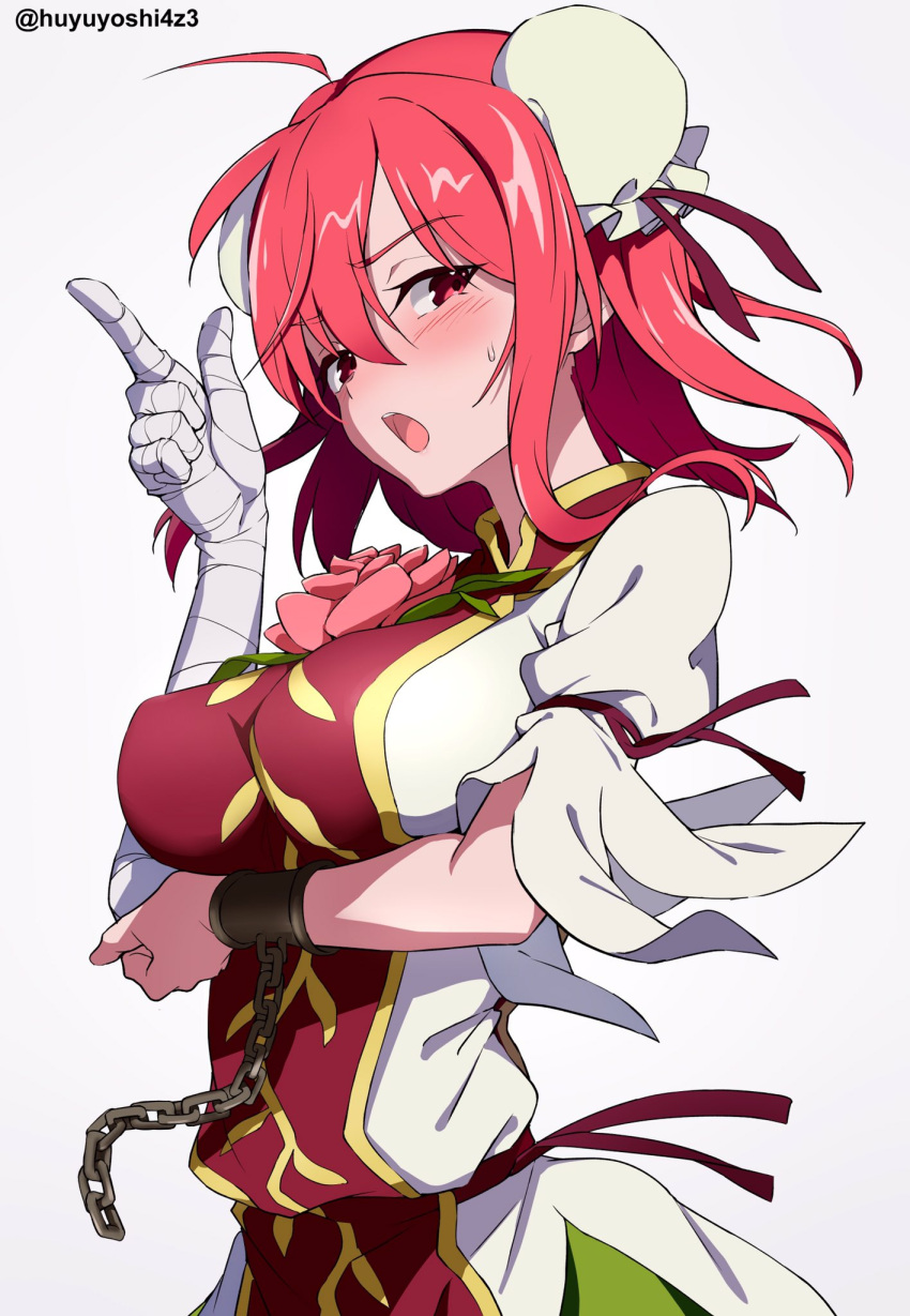 1girl ahoge arm_under_breasts bandaged_arm bandages bangs blush breasts bun_cover cuffs double_bun eyebrows_visible_through_hair hair_between_eyes highres ibaraki_kasen index_finger_raised large_breasts looking_at_viewer open_mouth pink_eyes pink_hair shackles short_hair short_sleeves simple_background solo sweatdrop tabard touhou twitter_username upper_body white_background yoshinatsu