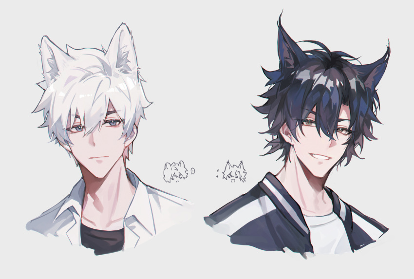 +++ ... 2boys animal_ears bangs black_hair black_jacket black_shirt brown_eyes cat_boy cat_ears cheng_xiaoshi chibi chibi_inset chinese_commentary chromatic_aberration closed_mouth commentary_request grey_eyes hair_between_eyes highres jacket leopard_ears looking_at_viewer lu_guang lynx_(animal) male_focus multiple_boys open_clothes open_jacket open_shirt portrait shiguang_dailiren shirt short_hair simple_background smile spoken_ellipsis teeth white_background white_hair white_jacket white_shirt yusa_(yusa0751)