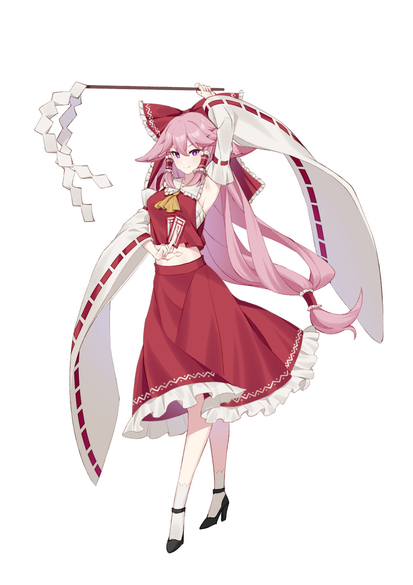 1girl absurdres arm_up armpits ascot bangs black_footwear bow chinese_commentary commentary_request cosplay crop_top detached_sleeves frilled_bow frills full_body genshin_impact gohei hair_between_eyes hair_bow hair_flaps hair_tubes hakurei_reimu hakurei_reimu_(cosplay) high_heels highres holding long_hair long_sleeves looking_at_viewer low-tied_long_hair midriff ofuda pink_hair red_bow red_shirt red_skirt sarashi shirt sidelocks simple_background skirt skirt_set sleeveless sleeveless_shirt smile socks solo standing stomach touhou very_long_hair violet_eyes white_background white_legwear yae_miko yaemei_yaemei yellow_ascot