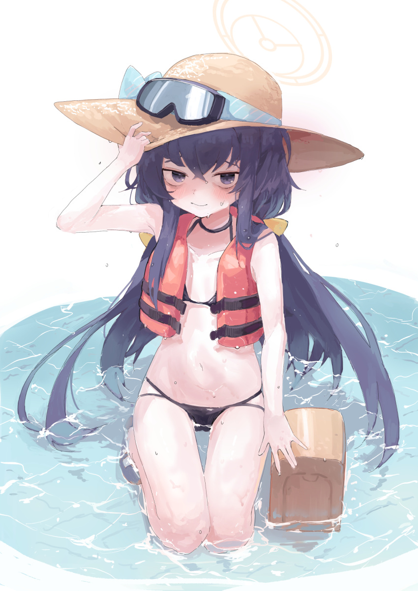 1girl arm_up bangs bikini black_bikini black_eyes black_hair blue_archive blush brown_headwear closed_mouth collarbone eyebrows_behind_hair goggles goggles_on_headwear hair_between_eyes halo hand_on_headwear hat highres hikillerwhale life_vest long_hair looking_at_viewer seiza shallow_water sitting solo sun_hat swimsuit ui_(blue_archive) very_long_hair water wet