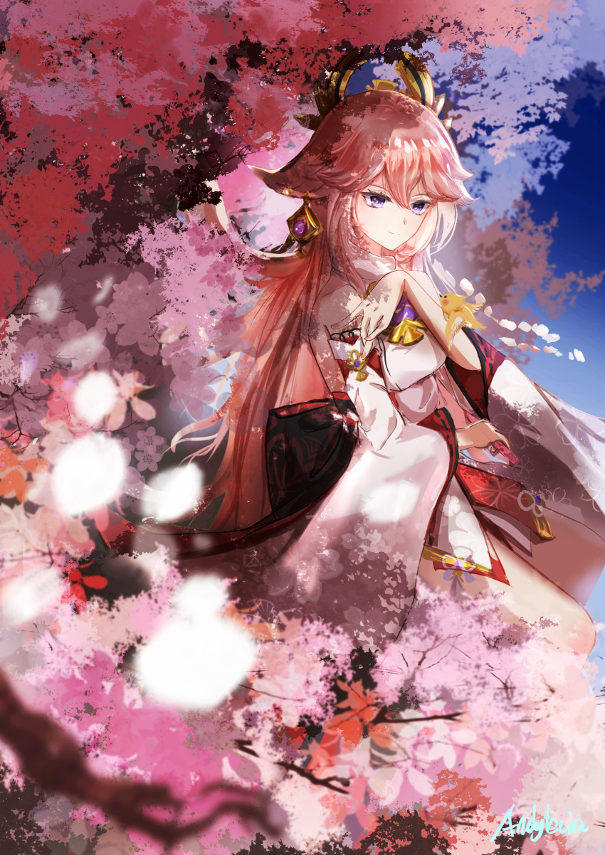 1girl absurdres andylecia artist_name bare_legs bird blurry blurry_foreground branch breasts cherry_blossoms closed_mouth detached_sleeves english_commentary eyebrows_visible_through_hair floral_background floral_print genshin_impact hair_between_eyes hair_ornament hand_up highres japanese_clothes kimono knee_up long_sleeves petals pink_hair pink_nails shadow shiny shiny_hair sitting smile solo violet_eyes yae_miko